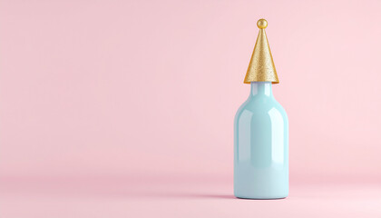 Minimal pastel bottle with golden cone cap on pink background