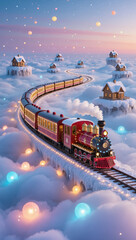 Magical Christmas train traveling through snowy clouds at sunset