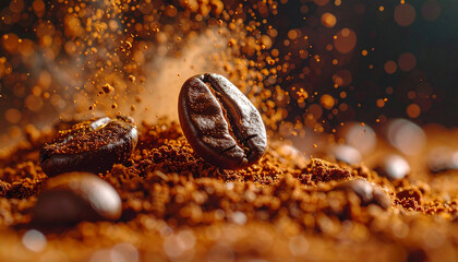 Roasted coffee beans with cocoa powder splash in warm brown tones