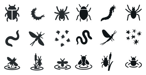Insect and bug silhouette icons set – solid, outline, pest and wildlife symbols