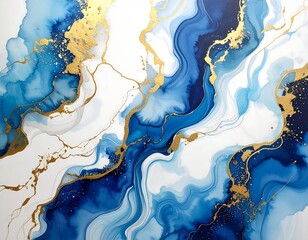 Abstract Fluid Art - Blue, White, and Gold Ink Marble.