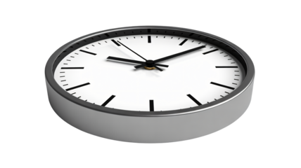 Modern silver clock showing time passing; perfect for business deadlines, time management, and project planning concepts; timely delivery.