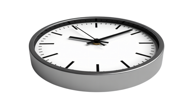 Modern silver clock showing time passing; perfect for business deadlines, time management, and project planning concepts; timely delivery.