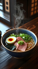 Japan – Ramen: A steaming bowl of Japanese ramen with rich broth, noodles, sliced pork, soft-boiled egg, nori, and scallions, placed on a dark wooden counter, warm cozy atmosphere