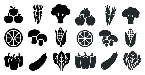 Fruits and vegetables silhouette icons set – solid, outline, healthy food symbols