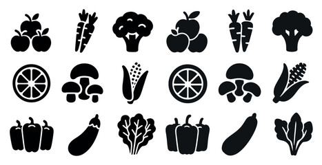 Fruits and vegetables silhouette icons set &ndash; solid, filled, healthy food symbols