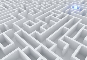 A complex, white maze with a glowing blue sphere at its center, representing a challenge, a goal, or a solution to find