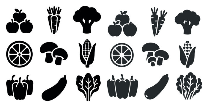 Fruits and vegetables silhouette icons set – solid, outline, healthy food symbols