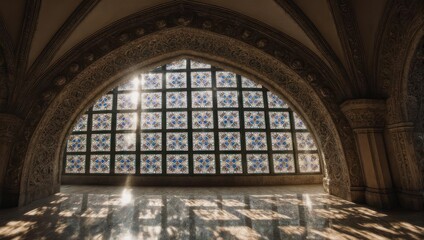 Fototapeta premium Sunlight Through Ornate Window in Gothic Architecture Interior.