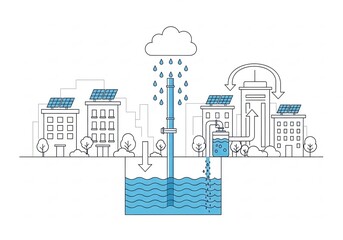 Sustainable urban water management system illustrating rainwater harvesting and solar power integration