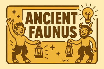 Obraz premium Faunus Festival Banner. Ancient Faunus banner, flat vector illustration, bold oversized text inside rectangular frame, cartoon characters standing and waving,