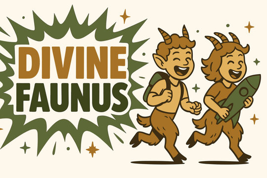 Divine Faunus Adventure. Divine Faunus banner, flat vector illustration, bold oversized text inside splash explosion, cartoon characters running and laughing,