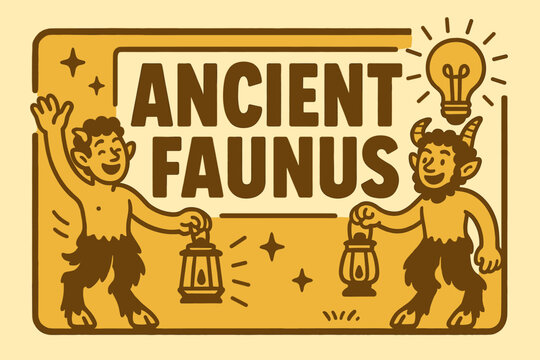 Faunus Festival Banner. Ancient Faunus banner, flat vector illustration, bold oversized text inside rectangular frame, cartoon characters standing and waving,