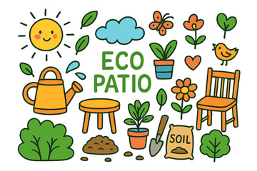 Eco-Friendly Patio. Eco Patio. Colorful Hand-drawn doodle Children illustration shrub, small tree, potted plant, watering can, flower pot, sun, cloud, leaf,