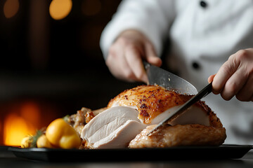 Chef carving a roasted turkey. Golden-brown skin and juicy meat are on display. Perfect for a holiday feast or special occasion. Delicious and festive!