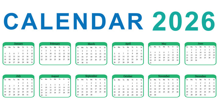 Full year 2026 calendar displayed in monthly grids. 2026 yearly calendar vector design