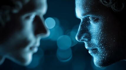 Engaging conversation between two individuals with glowing digital patterns during a futuristic themed event in a dimly lit space