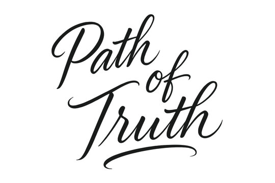 Path of Truth Script. Path of Truth ? Script Hand-Lettering, flowing semi-cursive brush style with thin connectors, tilted diagonal composition, expressive