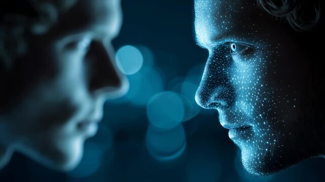 Engaging conversation between two individuals with glowing digital patterns during a futuristic themed event in a dimly lit space