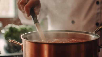 Chef stirring a simmering tomato-based soup in a copper pot, steam rising. Culinary arts and homemade food concept.