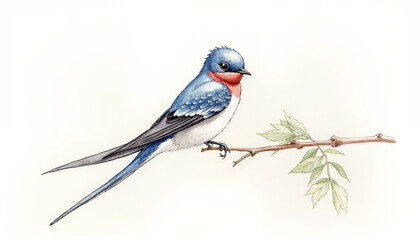 Swallow bird perched on a branch with green leaves in nature  
