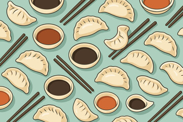 Delicious dumplings and sauces arranged on a blue background in a vibrant culinary display