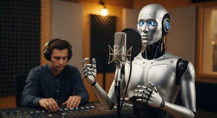 Futuristic robot singing in recording studio with male sound engineer