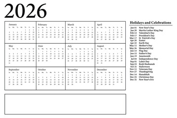2026 yearly calendar grid with holidays and notes section. 2026 calendar with holidays and celebrations