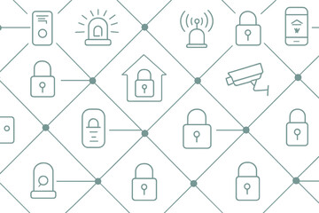 Various security icons representing home safety and surveillance technology in a modern design layout