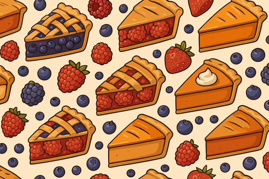 Delicious fruit pie patterns featuring berry and pumpkin flavors on a light background