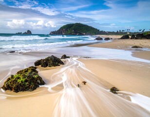 Serene coastal landscape with ocean waves, sand, and a distant hill