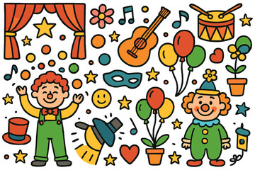 Fototapeta premium Colorful Circus Doodles. Circus Art. Colorful Hand-drawn doodle Children illustration juggler, clown, balloon, drum, guitar, music note, star, heart, smiley