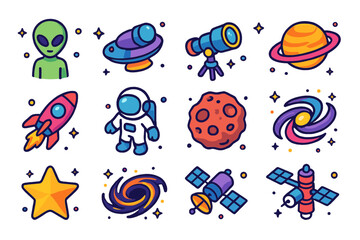 Cosmic Mystery Icons. Cosmic Mysteries. Colorful isometric vector icons set of cosmic mysteries: alien, UFO, telescope, planet, rocket, astronaut, asteroid,