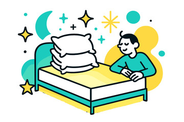 Cosmic Sleep Serenity. Restful Sleep. A glowing bed with fluffy pillows stacked neatly, abstract floating spark and star icons symbolizing relaxation. Modern