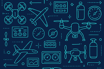 Various drones, aircraft, and flight instruments illustrated in a seamless pattern on a dark blue background