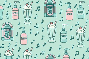Vintage diner pattern featuring milkshakes, jukeboxes, and nostalgic elements celebrating classic American culture