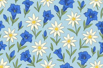 Colorful floral pattern featuring white and blue flowers on a light blue background, ideal for fabric or wallpaper design