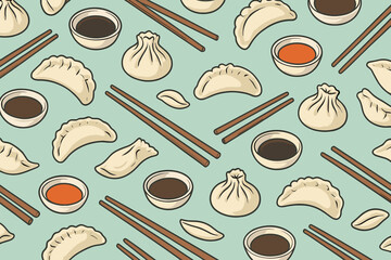 Delicious assortment of dumplings and sauces spread out on a light blue background