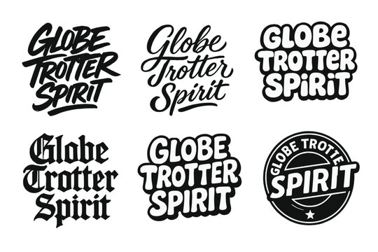 Creative Lettering Grid. Globe Trotter Spirit. Set lettering. harmonious lettering variations of the same emblematic concept, each with different artistic