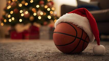 basketball with a santa claus red hat in a room near a christmas tree ready for an excited child to see the gift, ai