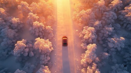 Top view of a car driving along a road in the middle of a snow-covered forest against the backdrop of the setting sun.