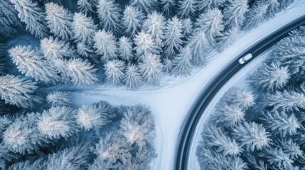 Aerial view of a car driving along a road through a snow-covered forest. Top view.