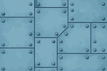 Textured blue metal surface with riveted panels and bolts creating an industrial background