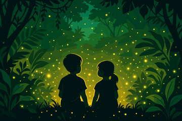 Children watching glowing fireflies in a dark forest at night creating a magical atmosphere
