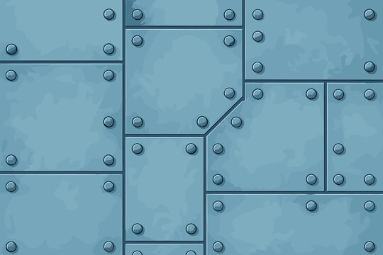 Textured blue metal surface with riveted panels and bolts creating an industrial background