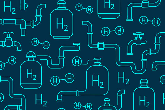 Hydrogen symbols and pipes create a seamless pattern suitable for scientific and industrial themes