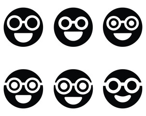 black and white smiley faces wearing round glasses. set of funny cartoon faces