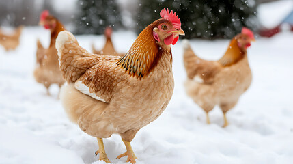 Chickens in Winter: A flock of hens ventures out into a snow-covered landscape, their feathers contrasting against the white blanket of snow.