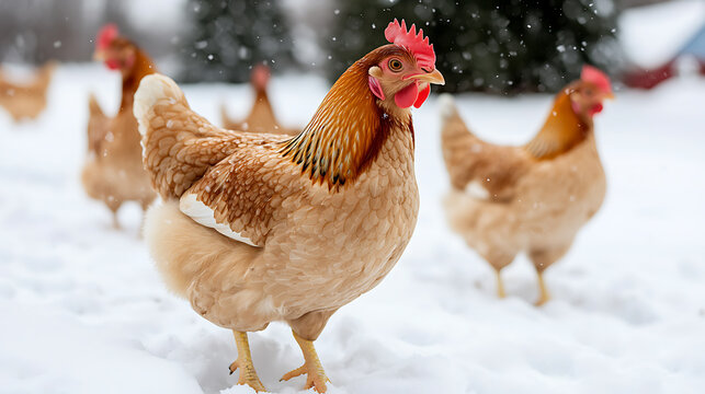 Chickens in Winter: A flock of hens ventures out into a snow-covered landscape, their feathers contrasting against the white blanket of snow.