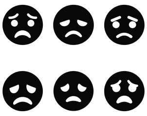 Collection of sad emoji faces in black and white